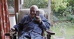 Senior phone call, wow and elderly person in a retirement nursing home talking on a mobile. Happy surprise, smile and communication of a male answering a mobile phone speaking in a living room