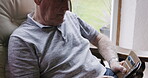 Elderly man, smartphone and communication with technology and text message or email, online and 5g network. Senior, retirement and typing message, contact and connection with mobile and texting.