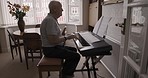 Senior man, music or playing piano in house or nursing home in song composition, learning jazz or composition. Retirement elderly, keyboard or pianist musician in recital art or performance practice 