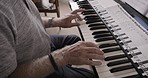 Music, piano and hands of senior man play musical instrument for practice, training or retirement hobby. Creative inspiration, audio keyboard keys or elderly pianist musician playing song performance