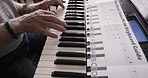 Hands, piano keyboard and music with elderly man and musician, creative and art with musical instrument zoom. Retirement, senior and artist playing keys, electronic and skill with jazz closeup.