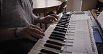 Piano, senior man and playing notes for practice, retirement and happy in living room. Retired, mature male and pianist training, have fun with hobby, studying music and relax in home with happiness.