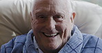 Face, laugh and portrait of senior man laughing, smile and happy with healthcare, wellness and retirement in nursing home. Health, elderly care and headshot of mature person relax on living room sofa
