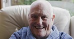 Happy senior, man and face smile of a person in house laughing with happiness. Portrait of a happy male, wrinkles and smiling in home feeling life gratitude, peace and calm mindset or relax on sofa