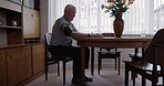Blood pressure, healthcare and check with old man at table for heart, medical and rehabilitation. Insurance, retirement and medicine with elderly patient of nursing home for exam, monitor and results