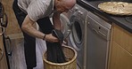 Washing machine, laundry and old man with basket for clothes, fabric or housekeeping, cleaning and fresh home. Elderly senior guy, clothing and dryer, electrical appliance and routine lifestyle tasks