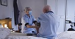 Senior man, night and bed for blood pressure with nurse in home for health, wellness or hypertension. Elderly homecare, retirement or medical tech in bedroom for help, consultation or check in clinic