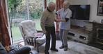Nursing home, nurse and senior man in living room for healthcare, assistance and medical support. Rehabilitation, retirement and caregiver helping elderly patient in couch or chair with walking stick