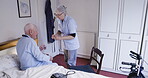 Pills, senior man and nurse in nursing home for healthcare service, disability caregiver and morning wake up routine. Real elderly person or patient retirement and covid medical woman giving medicine