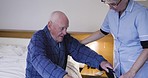 Homecare, nurse and senior man with walking frame in bedroom for support, healthcare service and retirement. Caregiver, disability and patient or real elderly person with woman helping him in house