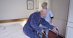 Walking wheels, senior man and nursing home nurse in disability support, helping or retirement services. Real, elderly and disabled person on bed, caregiver woman and Parkinson, arthritis or mobility