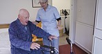 Senior man, walking wheels and homecare nurse in disability support, helping or retirement services. Nursing elderly or disabled person on bed, professional woman and Parkinson, arthritis or mobility