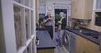 Kitchen, conversation and senior couple drinking coffee, talking and bonding together at their home. Communication, love and elderly man and woman in retirement enjoying a cup of tea in their house.