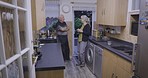 Elderly people, communication and senior couple in retirement together in a home. Speaking, marriage love and care of an old man and woman in a house having a morning discussion and conversation