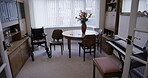 Room, furniture or wheelchair in house, nursing home or empty dining room by table, desk or piano keyboard. Chairs, help or retirement disability aid in property, real estate or relax interior design