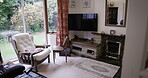 Empty, furniture or glass door of house, living room or nursing home and fireplace tv, armchair or relax retirement. Chairs, seat or comfort lounge in property, real estate or interior design space