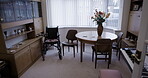 Healthcare, room or wheelchair in empty house, nursing home or dining furniture by table desk or piano keyboard. Chairs, help or retirement disability aid in property, real estate or wellness hospice