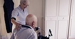 Nurse, disability and senior man in bed for healthcare, wheelchair assistance and medical support. Nursing home, retirement care and caregiver helping sick, disabled and elderly patient in bedroom