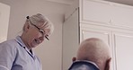 Nurse help elderly man in bedroom for healthcare, disability assistance and medical care at nursing home. Support, retirement and caregiver helping sick, disable and senior male in bed to wheelchair