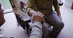 Senior couple, support and holding hands in home with affection, empathy and bonding, trust and care. Love, cane and elderly retired man and woman together in house for unity, respect and compassion.