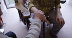 Support, holding hands and senior couple in home with affection, empathy and bonding, trust and care. Love, cane and elderly retired man and woman together in house for unity, respect and compassion.