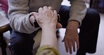 Couple, support and hands on man with disability, comfort and empathy while bonding in their home. Love, trust and hand of elderly woman on disabled man for encouragement, unity or stroke recovery 