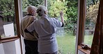 Nursing home, garden and senior man talking of growth, investment and plants for backyard wellness with caregiver. Real elderly people, nurse or woman with support, conversation and backyard ideas