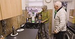Coffee, retirement and senior couple in kitchen enjoy quality time together talking, chatting and conversation. Nursing home, relax and old man and woman with tea, hot beverage and drink in morning