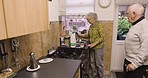 Kitchen, home and coffee with old couple and conversation at breakfast time in home together. Morning chat, tea and old man with woman enjoying retirement, hot drink and marriage with smile and love.