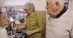 Kitchen, tea and conversation, old man and woman talking at breakfast time in home together. Morning chat, coffee and senior couple enjoying retirement, hot drink and marriage with smile and love.
