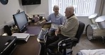 Love, senior couple and check computer for pension fund, investments and search online in home. Pc, old man and mature woman on website, information technology and conversation for financial payment 