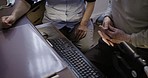 Computer, keyboard and nurse with senior man at desk learning technology, writing email and internet. Retirement, communication and caregiver help, talking and teaching elderly male in nursing home