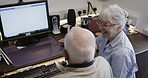 Computer, home and woman helping a man with online technology in his retirement apartment. Tech, internet and senior female talking and assisting a elderly guy with a pc for networking at his house.