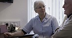 Nursing home, retirement and nurse talking to old man for conversation, speaking and social chatting. Communication, health and caregiver with senior patient for medical support, assistance and help