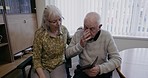 Retirement home, phone and senior couple in wheelchair with online application, asset management or planning. Real elderly people or woman with partner for disability or life insurance on smartphone