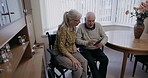 Old couple, cellphone text and connection in home on social media, internet and online app. Senior people, mobile and reading news in living room, house and apartment with technology, network and web