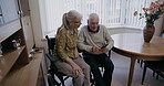 Senior couple, mobile phone and relax in home on social media, internet and online news app. Old people, cellphone and connect in living room, house and apartment with technology, network and search