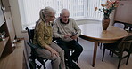 Senior couple, mobile application and connection in home on social media, internet network or online news app. Old people, cellphone and text in living room, house and apartment on digital technology