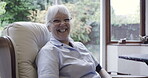 Elderly woman, happy with laughter and face, retirement and relax in nursing home with funny chat and wellness. Comedy, happiness and old person with smile, portrait and pension with positive mindset