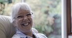 Elderly woman, happy with laughing and face, retirement and relax in nursing home, funny chat and wellness. Comedy, happiness and mockup space, portrait and pension with positive mindset and smile