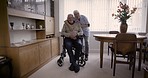 Senior man, wheelchair and nurse portrait with a happy smile for caregiver service, support and hug. Old person patient and healthcare worker together for home care, rehabilitation and disability
