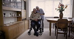 Elderly, couple hug and smile in portrait with retirement together at home, commitment and marriage. Happy people, health and wellness with support and trust in relationship, life partner and care