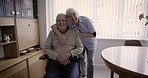 Caregiver, portrait and senior man in wheelchair with a happy smile for nursing service, support and hug. Old person patient and healthcare nurse together for home care, rehabilitation and disability