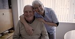 Elderly couple, portrait and smile of old people with hug, love and marriage care in retirement. Home, smile and happiness of a senior woman and man together feeling relax about life in a house 