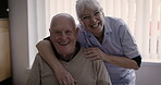 Nurse, senior man and happy portrait in nursing home with mental health and wellness of professional caregiver. Friendly, kindness and woman, real elderly people in retirement, pension love and hug