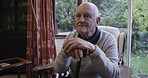 Problem, sad and senior man in a home, thinking with mental health and anxiety. Idea, fail and elderly person with fear, lonely and missing family while depressed and frustrated with alzheimer