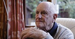Elderly man, face and retirement, mindfulness with reflection on life and thinking, anxiety and mental health. Thoughtful, contemplating and wellness, pension and sad senior citizen in nursing home