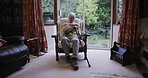 Friends, conversation and senior woman in living room for relaxing, social chatting and laughing. Nursing home, friendship and happy elderly lady in chair talking, speaking and enjoying company