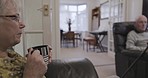 Conversation, relax and senior couple with coffee for peace, communication and retirement in their home. Speaking, company and elderly man and woman drinking tea in the morning while talking