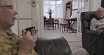 Senior couple, home living room and coffee on sofa, conversation and relax together in retirement. Old woman, man and tea on lounge couch for love, bonding and talking with memory of life in house